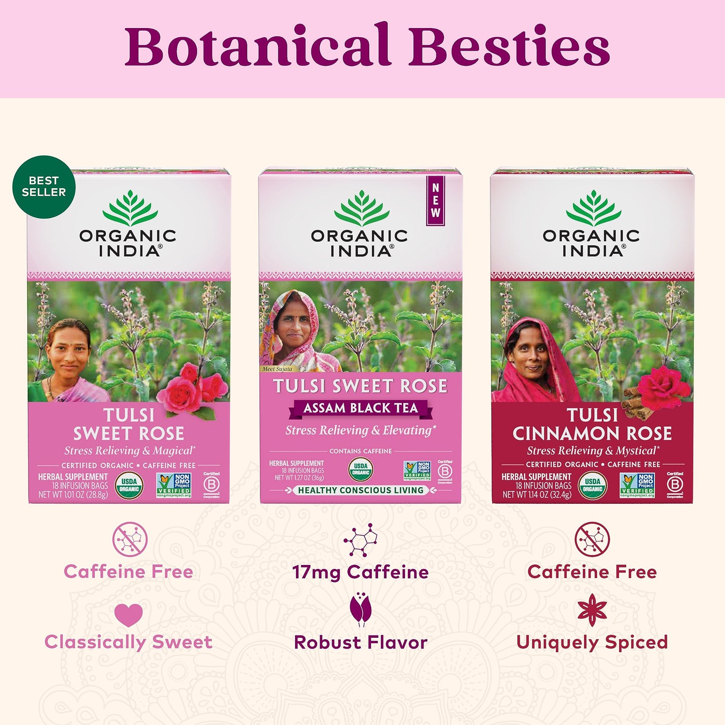 Organic India Tulsi Sweet Rose Herbal Tea - Holy Basil Stress Relieving & Magical Immune Support Adaptogen Vegan USDA Certified Organic Non-GMO Caffeine-Free - 18 Infusion Bags 1 Pack