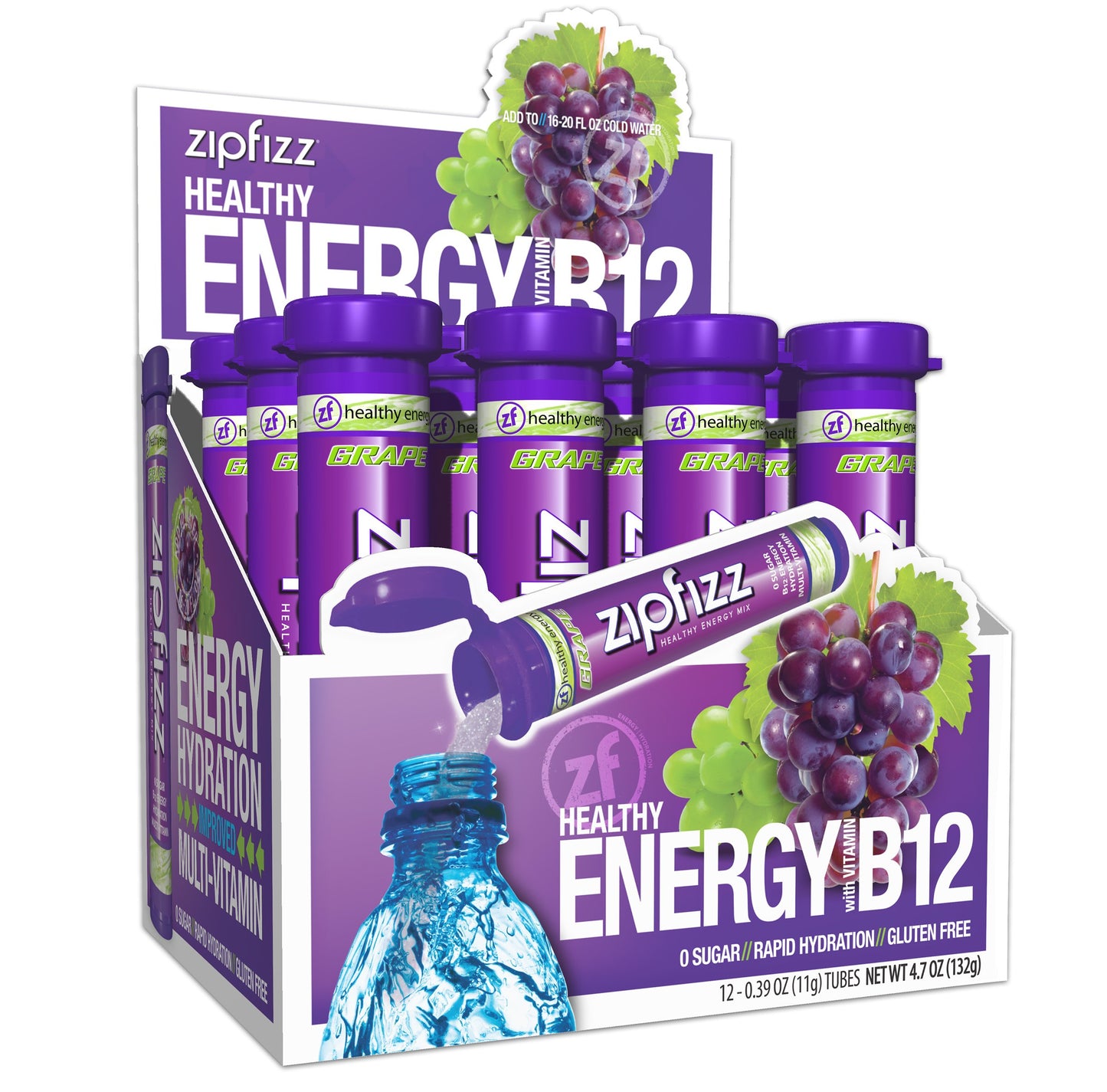 Zipfizz Daily Energy Drink Powder, Sugar-Free Electrolyte, Grape, 12 Pack, 0.39 Ounce each, Contains Vitamin B-12 & Antioxidants