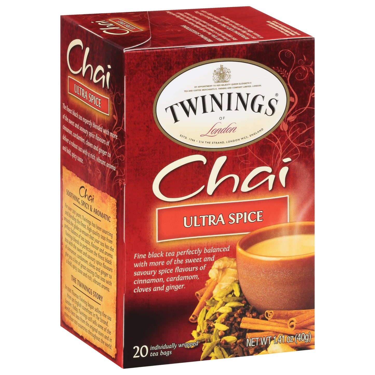 Twinings Chai Tea, Ultra Spice Chai Tea Bags With Cinnamon, Ginger, Cardamon, Clove For A Spicy Chai Tea Latte, 20 Tea Bags