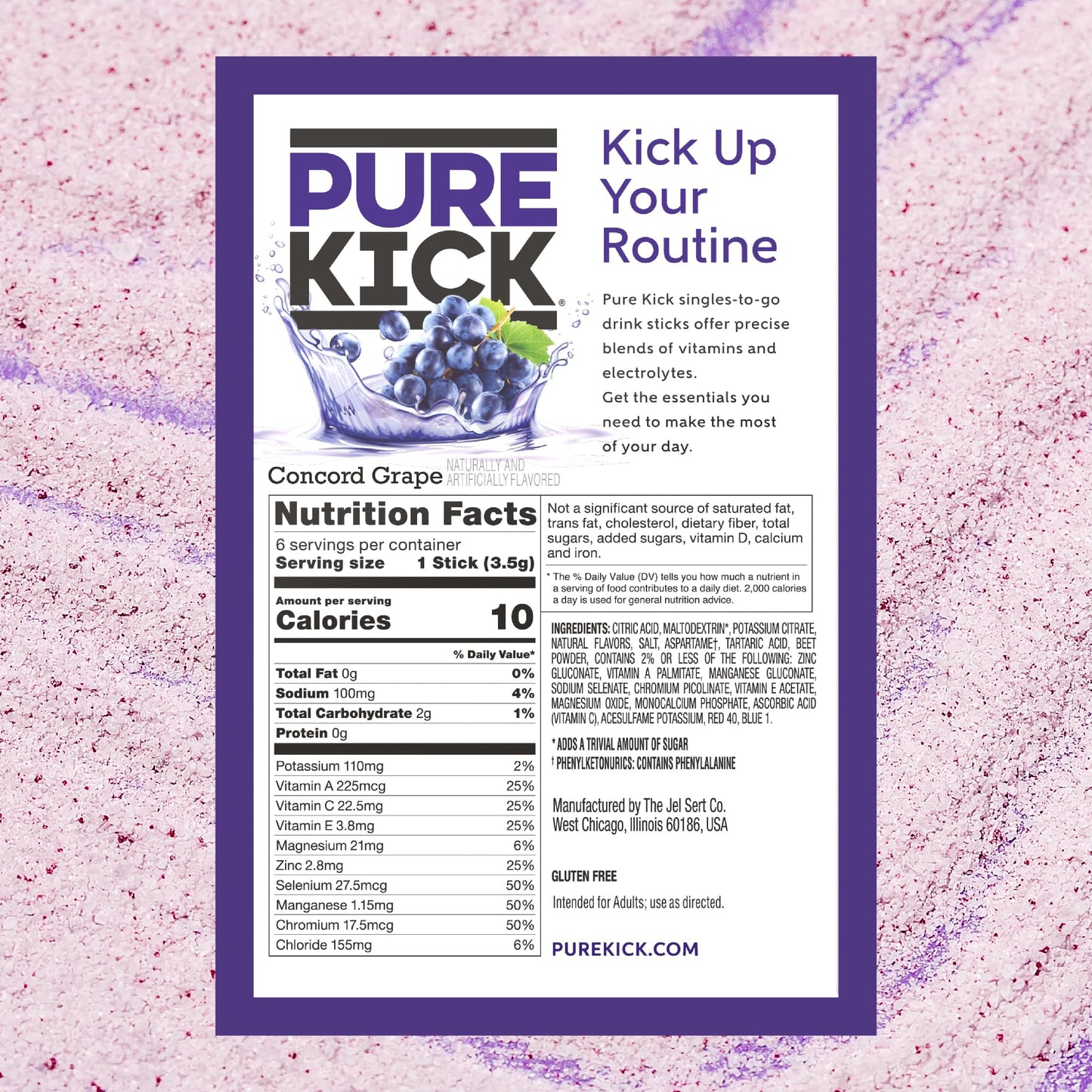 PURE KICK Hydration Singles Drink Mix, Concord G , 12 Boxes, 72 Packets Total, 0.13 Ounce Each