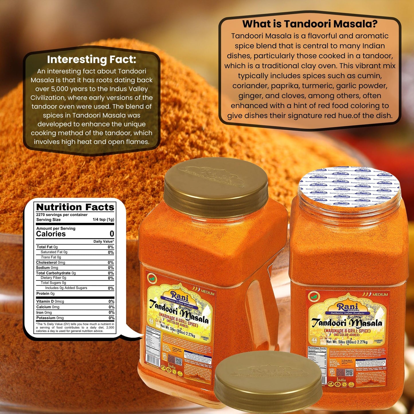 Rani Tandoori Masala (Natural, No Colors Added) Indian 11-Spice Blend 80Oz (5Lbs) 2.27Kg Bulk Pet Jar ~ Salt Free | Vegan | Glut