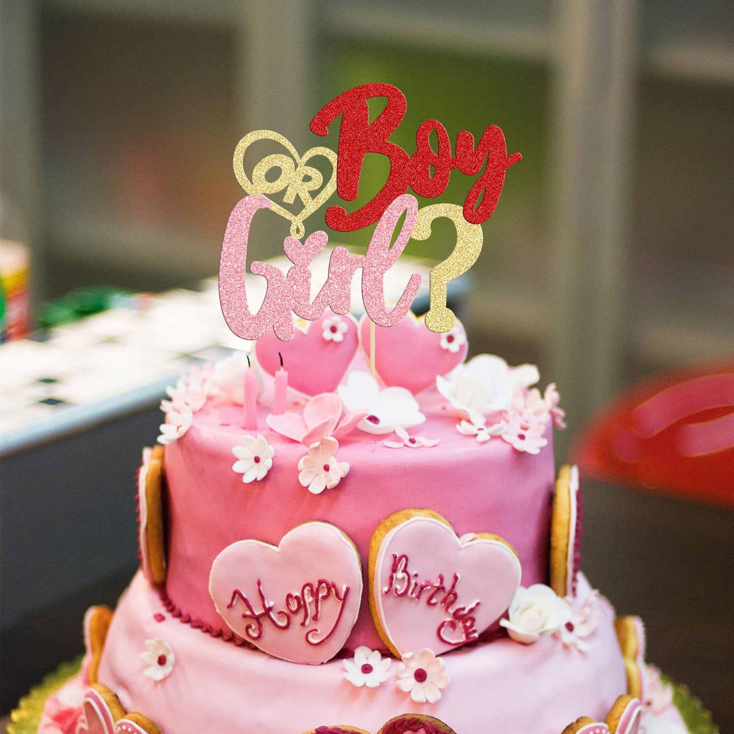 1Pc Valentines Day Cake Topper Glitter Valentine Gender Reveal Cake Topper Boy or Girl Cake Decorations Valentine's Day Theme We
