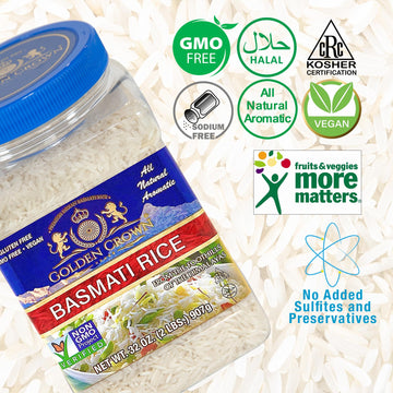 Golden Crown White Basmati Rice - 32 Oz (2Lb), Premium Quality Gluten-Free, Kosher & Halal, Naturally Aged Long Grain Non-Sticky