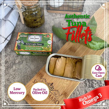 Santo Amaro Artisanal Wild Tuna Fillets in Olive Oil & Basil, 4.2 oz (Pack of 3), Pole & Line Caught, Keto Friendly, Low Mercury