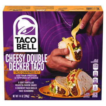 Taco Bell Cheesy Double Decker Taco Dinner Kit with 6 Soft Tortillas, 6 Crunchy Taco Shells, Velveeta Cheese Sauce & Seasoning,