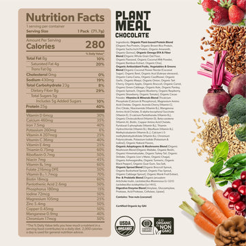 Plant Meal Replacement Shake - Chocolate - 25g of Plant Based Vegan Protein Powder, 76+ Organic Superfoods, Vitamins & Minerals,
