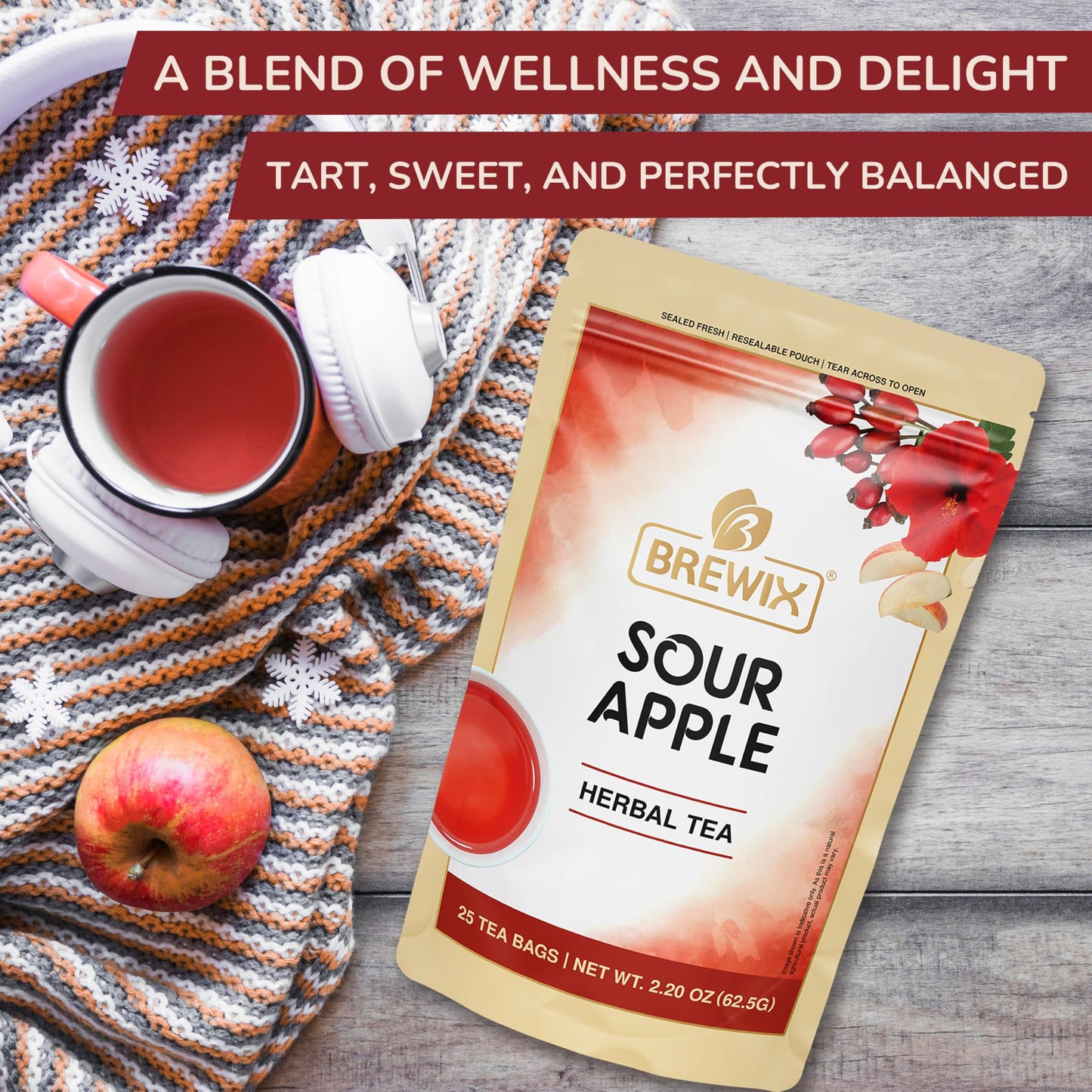 BREWIX Sour Apple Hibiscus Tea Bags, Caffeine-Free Herbal Tea, 25 Count, Refreshing Hot or Iced Brew