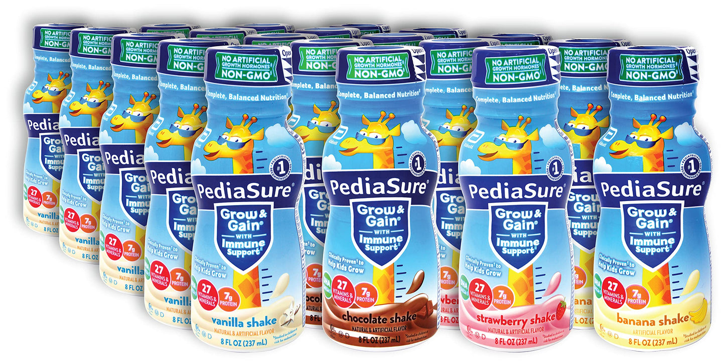 Niro Assortment | PediaSure Immune Support Shake 20 Pack | 5 Bottle Of Each Flavor Strawberry Banana Vanilla and Chocolate Flavors| Protein Shake For Kids | 20 Pack | Niro Beverage Sleeve Included