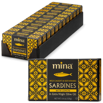 Mina Sardines in Extra Virgin Olive Oil with Lemon, 4.4 oz (Pack of 12), Sardines in Olive Oil Wild Caught, Responsibly Sourced,