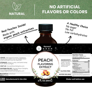 Natural Peach Extract - 2 Oz - Water-Soluble - By Harvest Moon Delights - Peach Extract For Baking, Ice Cream, Drinks, And Candy