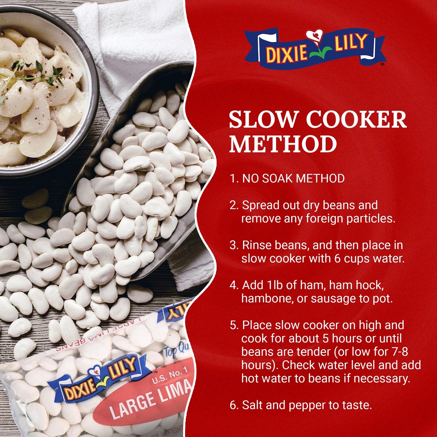 Dixie Lily Large Lima Beans - Dried, Non-GMO, Quick Soak & Slow Cooker - 12oz, 3 Pack