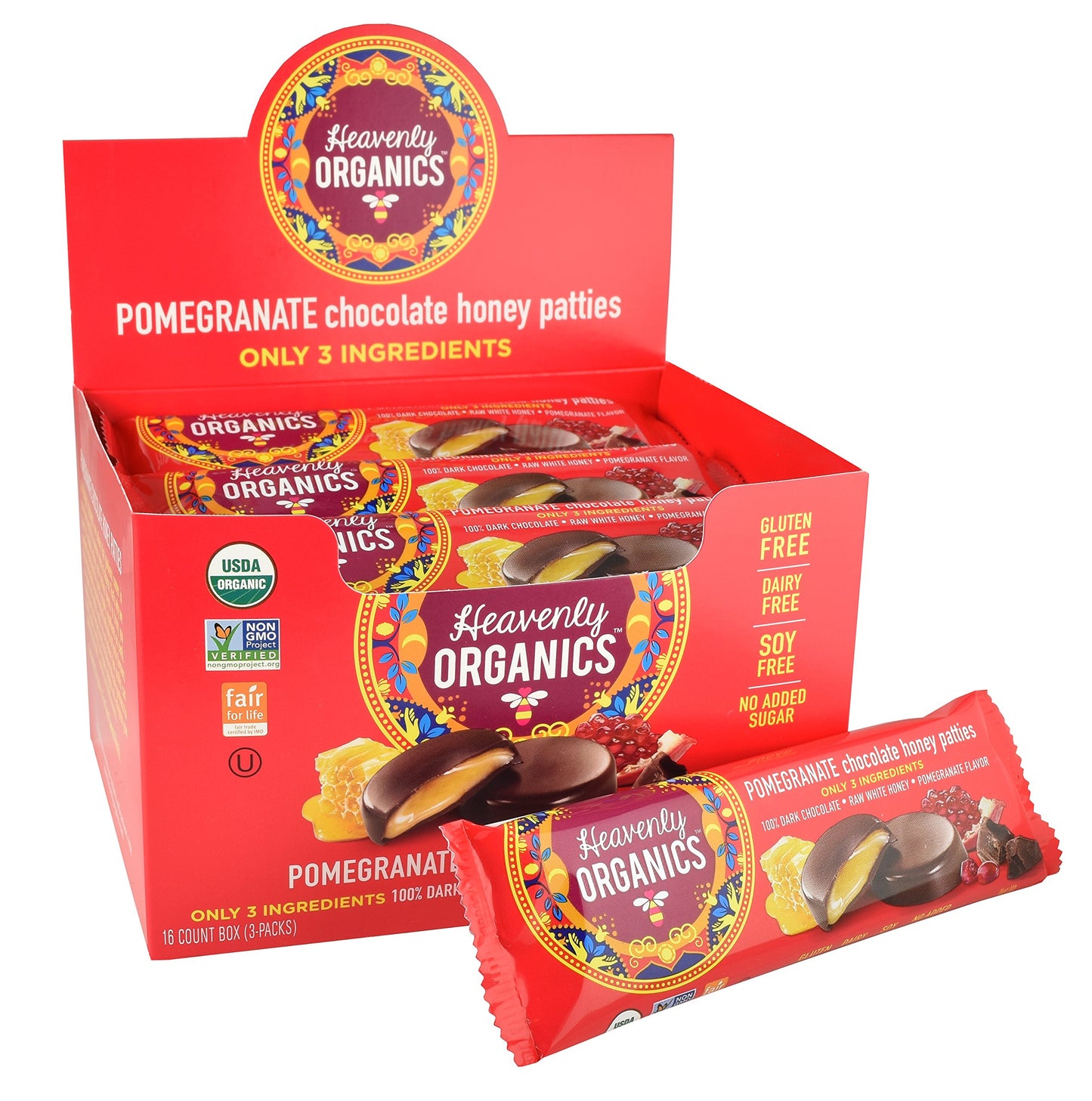 Heavenly Organics Raw Honey Chocolate Pattie, Pomegranate, 1.2 Ounce (Pack Of 16)