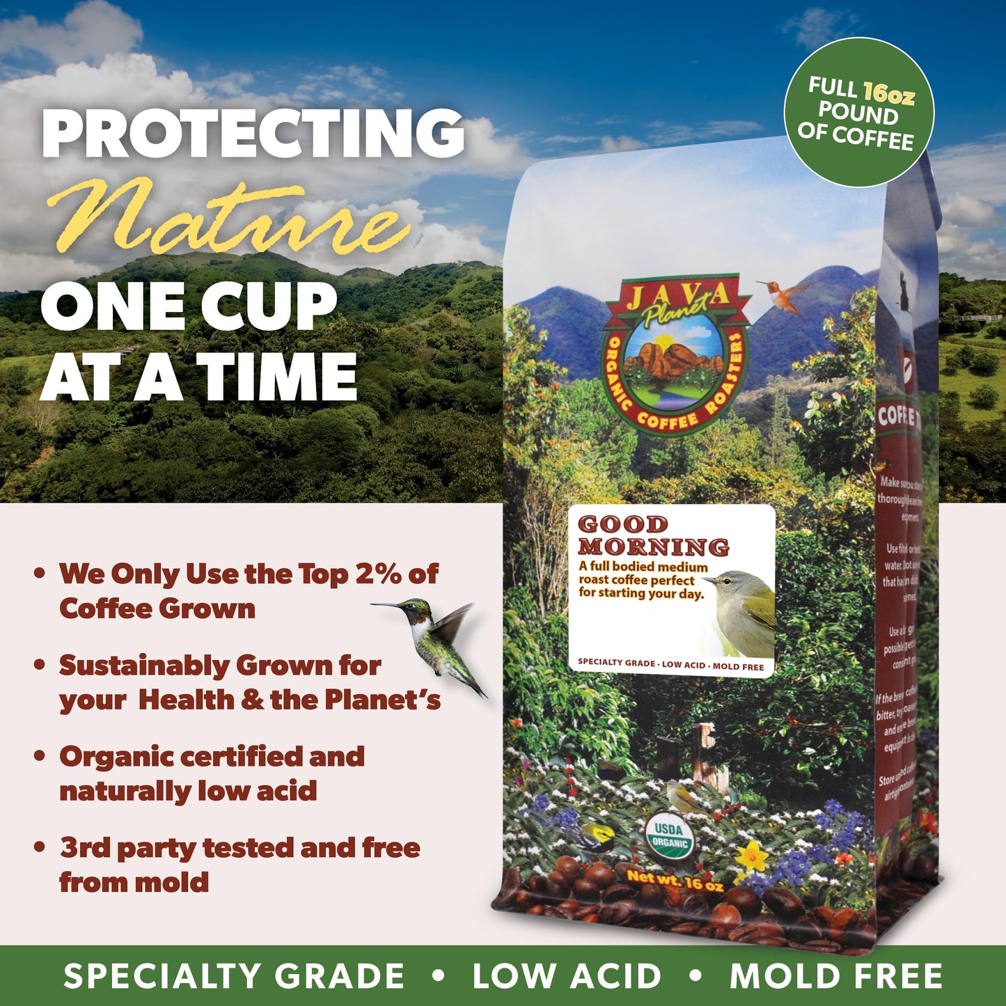 Java Planet Organic, Good Morning Blend Medium Roast, Smooth Full Flavored Organic Coffee Beans, Low Acid, Whole Bean Coffee 1Lb Bag