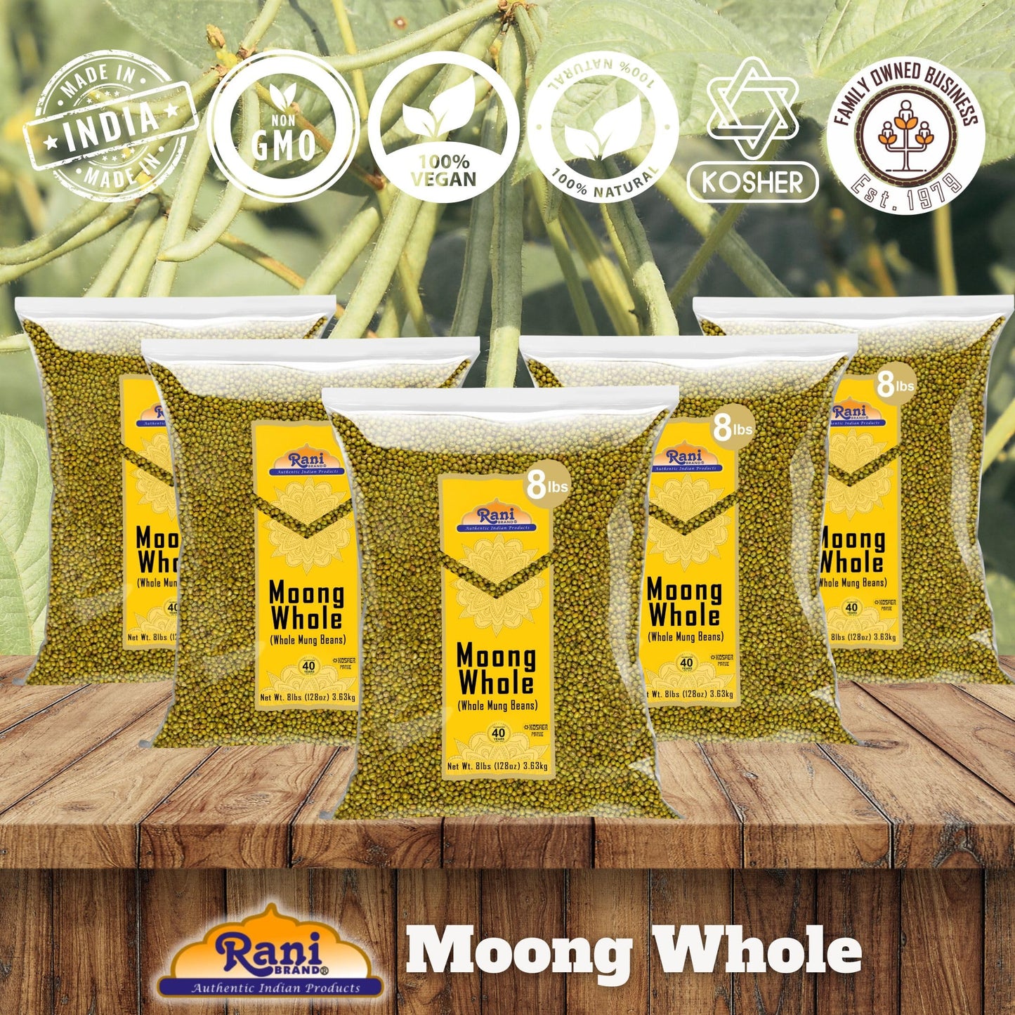 Rani Moong Whole (Ideal For Cooking & Sprouting, Whole Mung Beans W/ Skin) Lentils Indian 128Oz (8Lbs) X Pack Of 5 (Total 40Lbs) Bulk ~ All Natural | Gluten Friendly | Non-Gmo | Vegan | Indian Origin