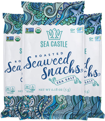 Sea Castle Organic Roasted Seaweed Snack with Sea Salt .18oz. (3 Pack) Gluten Free, Keto Friendly, Non GMO Verified, Kosher