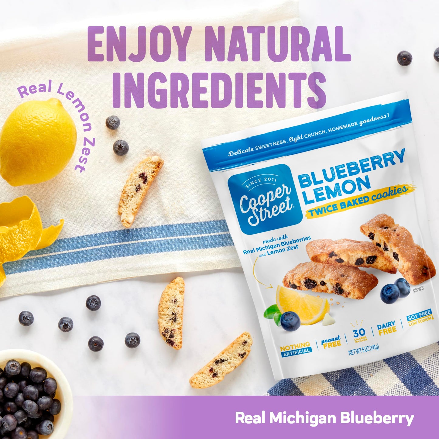 Cooper Street Italian Biscotti Cookies - Twice Baked Biscotti Style Cookie Biscuits In Delicious Blueberry Lemon Flavor | Crispy, Light And Healthy Cookies | Peanut & Dairy Free | 5Oz | 6 Pack