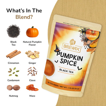 Brewix, Pumpkin Spice Black Tea (25 Pyramid Tea Bags) | Fall Tea | Halloween Tea | Warm And Spicy Tea