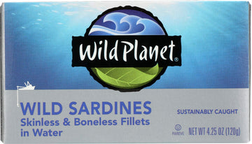 Wild Planet Wild Sardines in Water, Sea Salt, Skinless & Boneless, Tinned Fish, Sustainably Wild-Caught, Non-GMO, Kosher, Gluten
