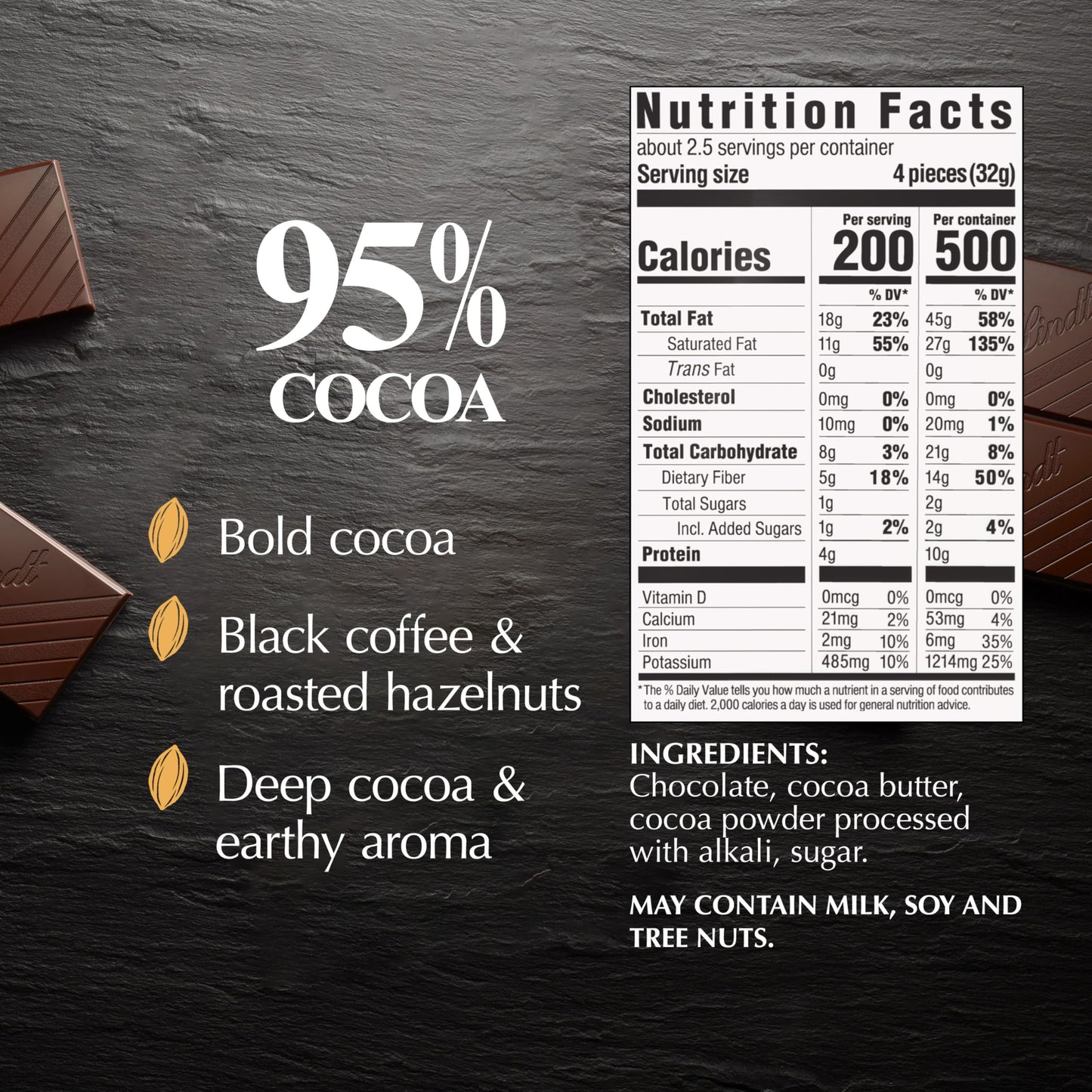 Lindt Dark Chocolate Bar, 95% Cocoa, 2.8 oz. (Pack of 12), Natural