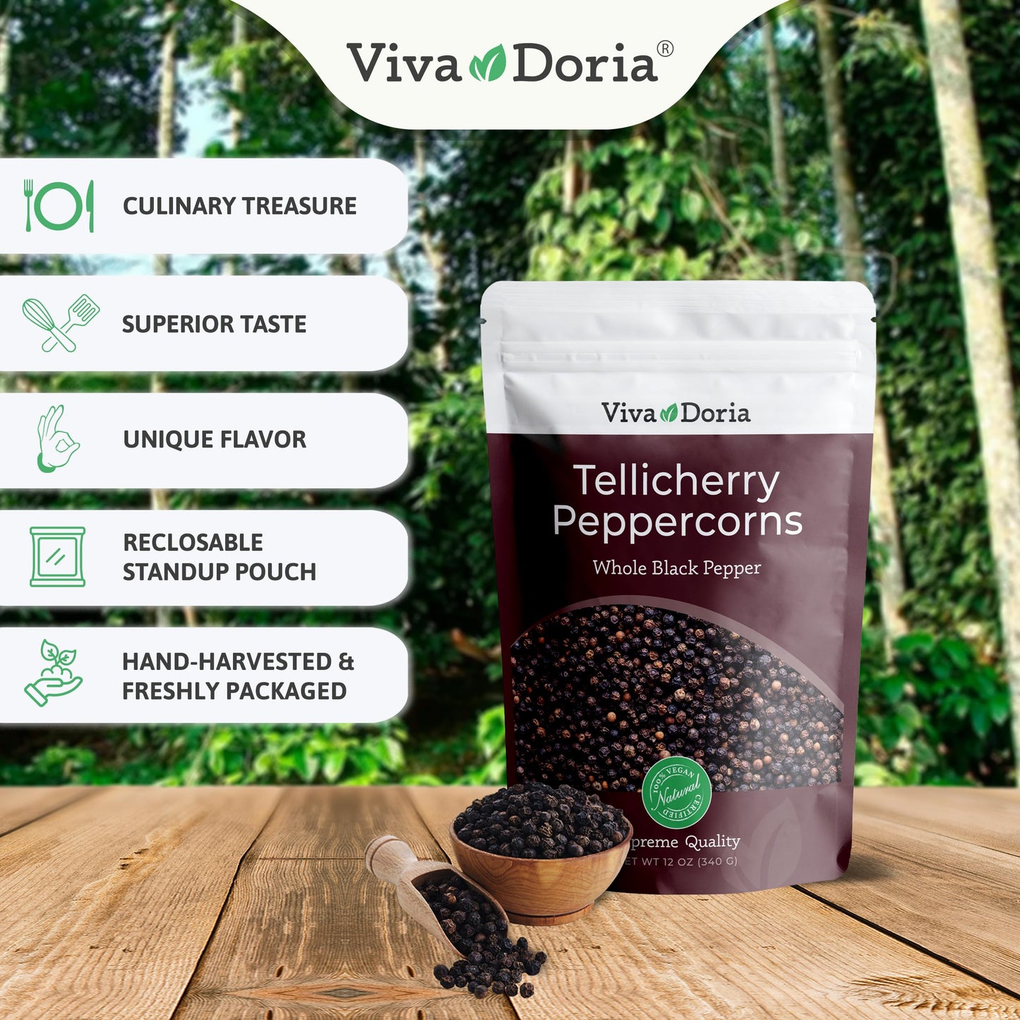 Viva Doria Tellicherry Black Peppercorn, Whole Black Pepper, Black Peppercorns, 12 Oz And Mediterranean Sea Salt, Coarse Grain, 2 Lb, For Grinder Refills (2 Set)
