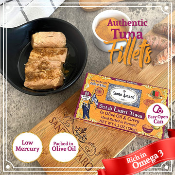 Santo Amaro Artisanal Wild Tuna Fillets in Olive Oil & Turmeric Curry, 4.2 oz (Pack of 3), Pole and Line Caught, 22g Protein
