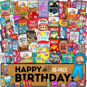 Birthday Care Package (80 Count) Snacks Food Cookies Chocolate Bar Chips Candy Party Variety Gift Box Pack Assortment Basket Bundle Mix Bulk Sampler