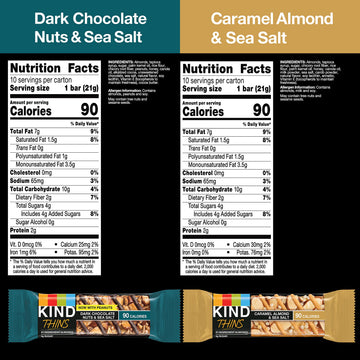 KIND Thins Variety Pack, Dark Chocolate Nuts & Sea Salt, Caramel Almond & Sea Salt, Healthy Snacks, Low Calorie, 20 Count