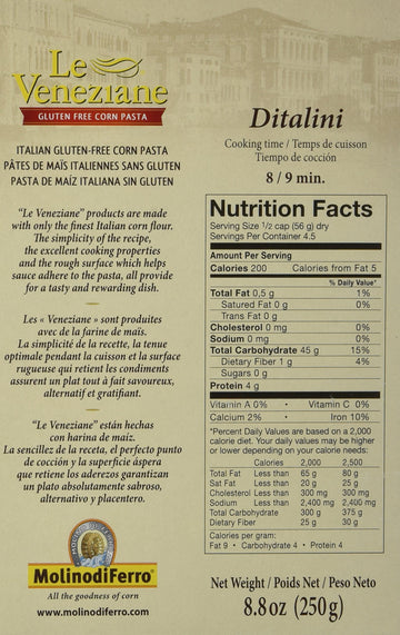 Le Veneziane Italian Gluten Free Corn Pasta Ditalini 250