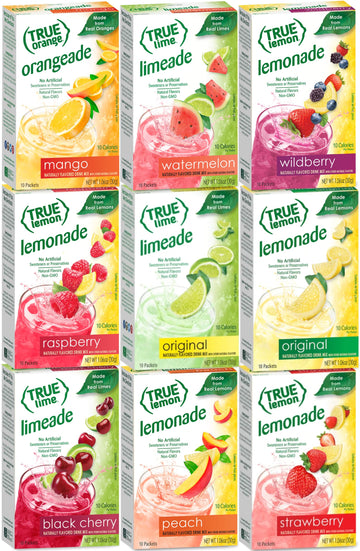 True Lemon Strawberry, Wildberry, Limeade, Watermelon, Black Cherry, Mango Orange, Peach, Lemonade, Raspberry 10Ct Each Box. Citrus Sample Kit, 1.06 Ounce (Pack Of 9)
