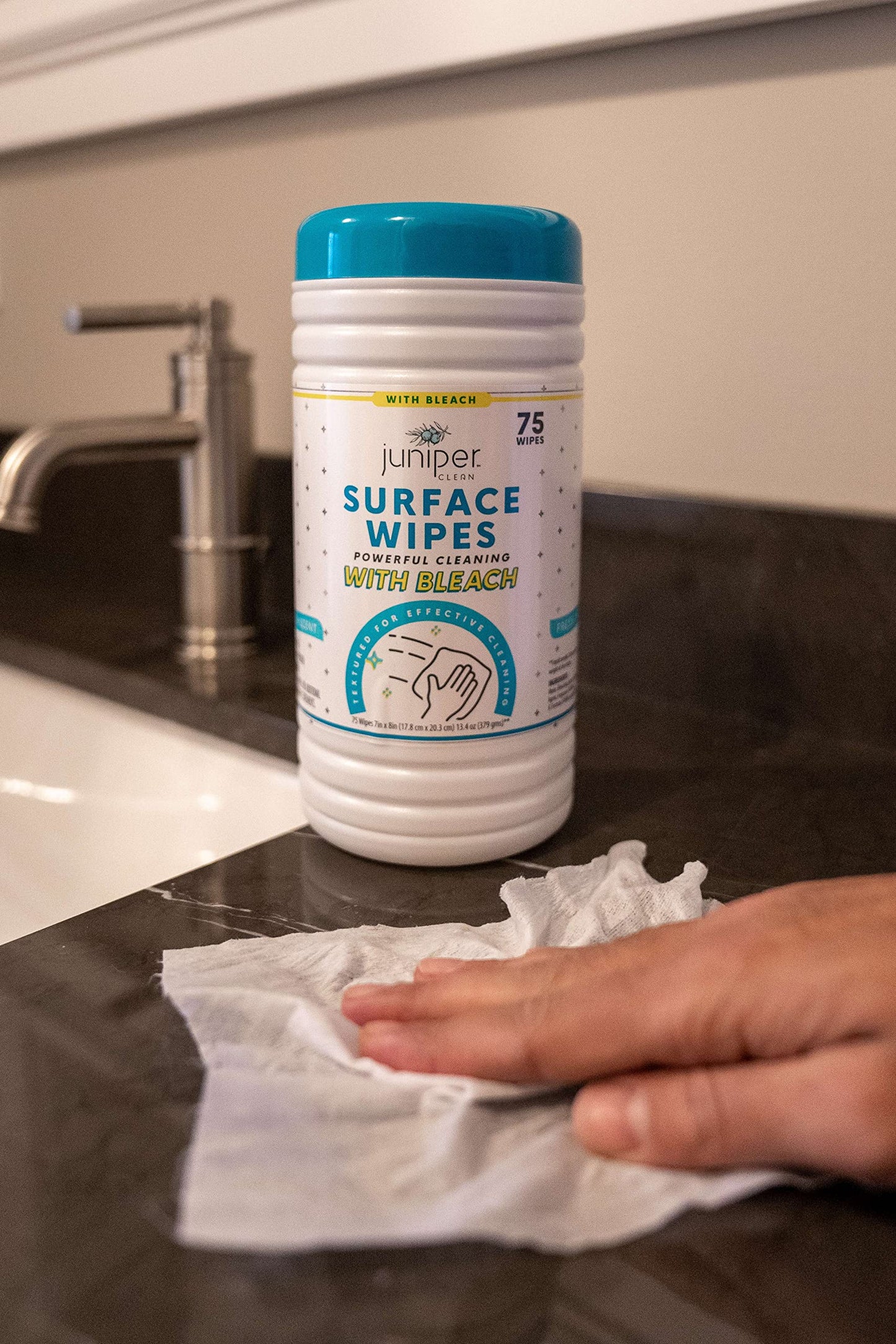 Juniper Clean 1 Pack Surface Cleaning Wipes With Bleach, All-Purpose Cleaner For Bathroom, Kitchen, Office, 75 Count Canister, F