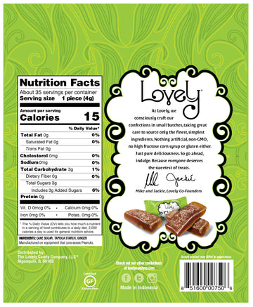 Lovely Candy Co. Original Ginger Chews, Made with Real Ginger, Individually Wrapped, 5oz (1-Pack) | Gluten-Free, Non-GMO, NO Art