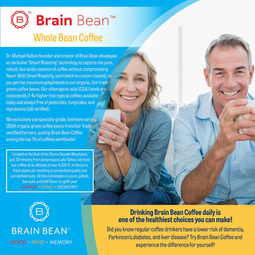 Brain Bean Organic Coffee | Smooth Taste, Antioxidant Rich & Fair Trade | Whole Bean Medium Roast 16 Oz