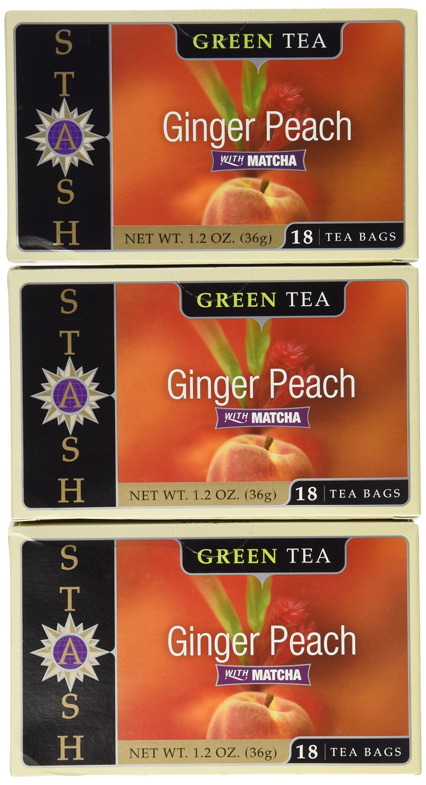 Stash Premium Ginger Peach Green Tea, Tea Bags, 18-Count Boxes (Pack Of 6)