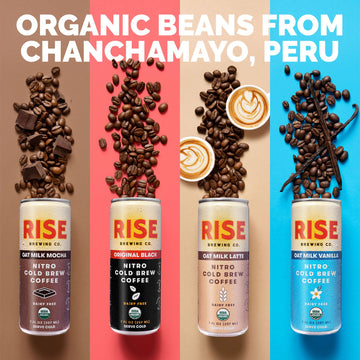 Rise Brewing Co. Nitro Cold Brew Coffee, Organic, Non-Gmo, Clean Energy & Low Acidity, 3X Original Black, Oat Milk Latte, Oat Milk Mocha & Oat Milk Vanilla, 7 Fl. Oz. Cans (12 Pack)