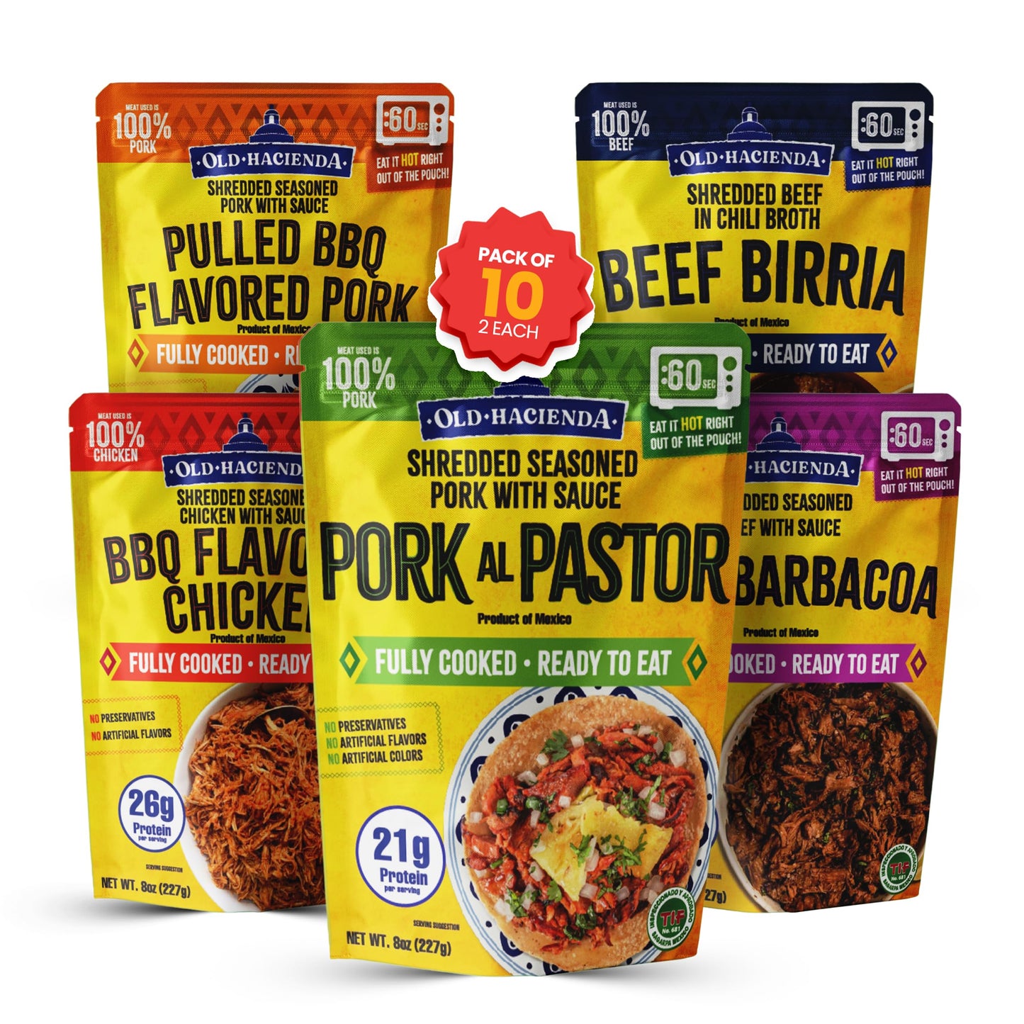 Old Hacienda 10-Pack Variety | 2 Each Of Beef Barbacoa Beef Birria Pork Al Pastor Bbq Flavored Chicken & Pulled Bbq Pork | Fully Cooked & Ready To Eat | No Preservatives | Bpa Free - 8Oz Each