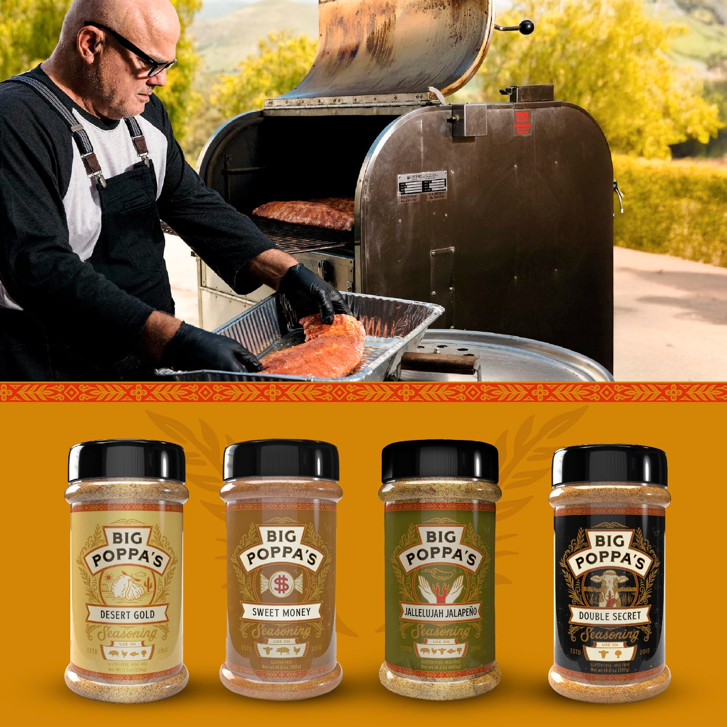 Big Poppa Smokers BBQ Spice Bundle - Gluten-Free 4-Pack with Sweet Money, Double Secret, Desert Gold & Jallelujah Jalapeno Seasoning