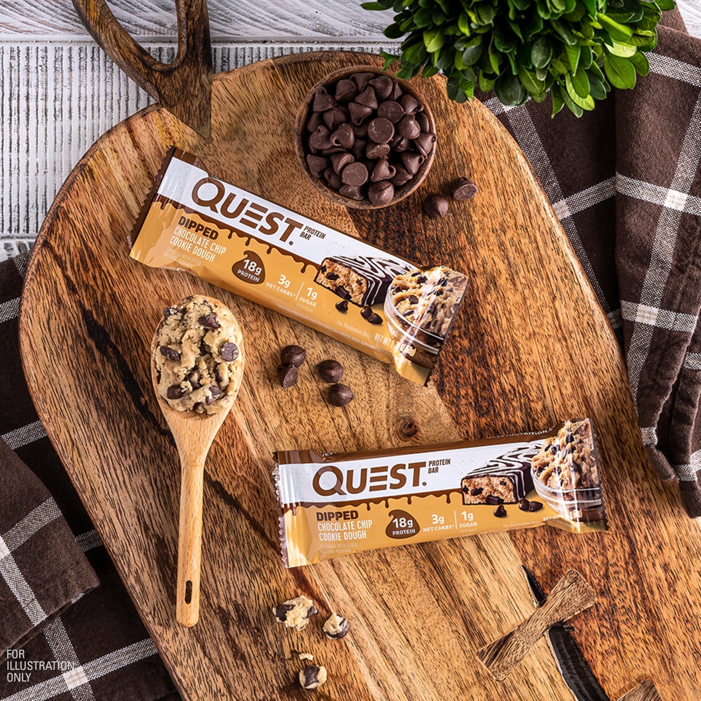 Quest Nutrition Dipped Chocolate Chip Cookie Dough Protein Bars, 18g Protein, 3g Net Carbs, Gluten Free, 1.76 Oz, 4 Count