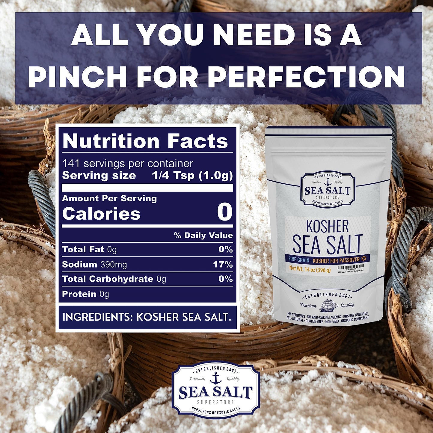 Kosher Sea Salt, Coarse Grain Kosher Salt, Replacement For Table Salt, Non-Iodized, All-Natural, No Additives (14 Oz Bag) - Sea