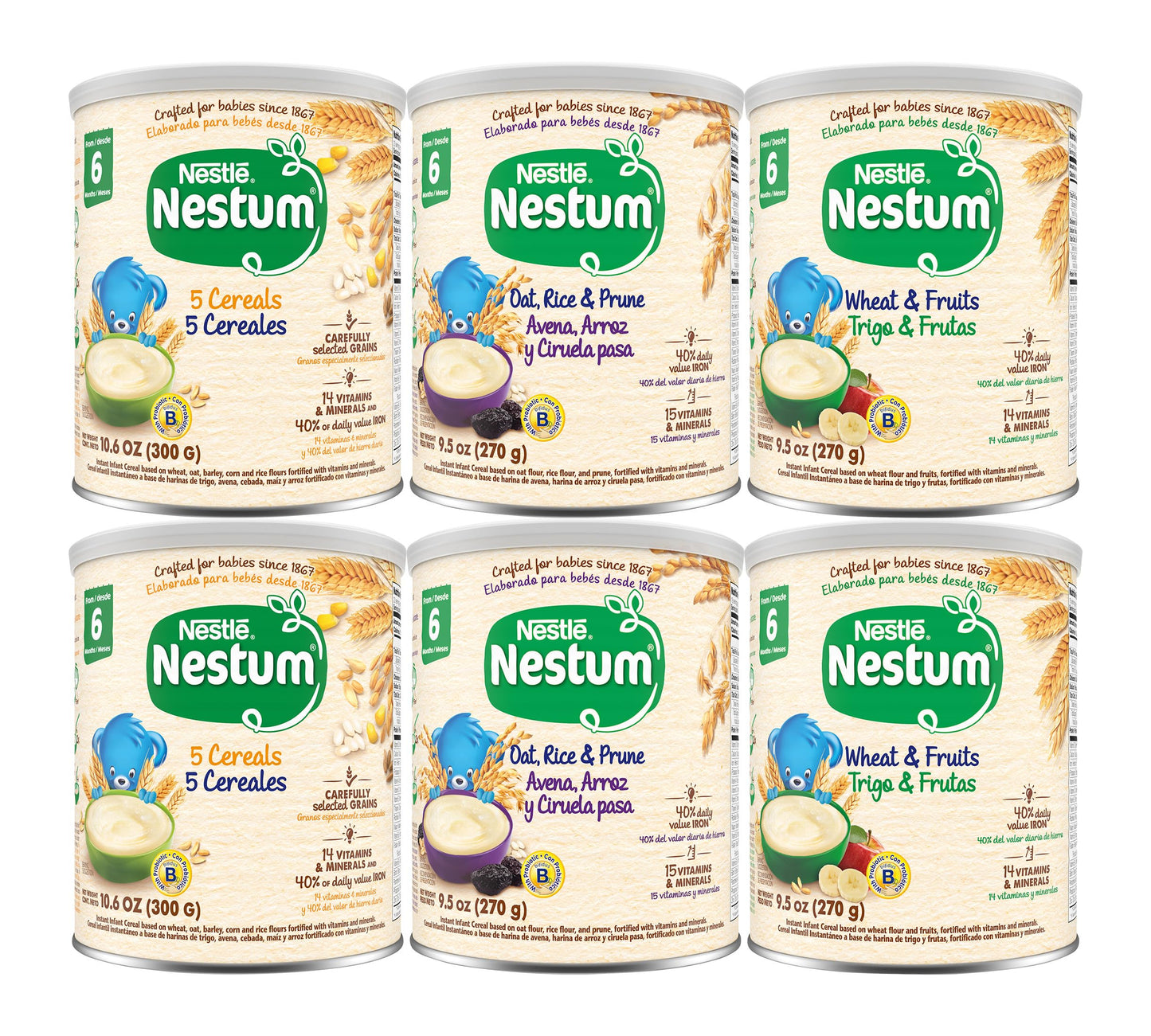 Nestum Nestle Infant Cereal Variety Pack, (2) 5 Cereals, (2) Oat, Rice & Prune, (2) Wheat & Fruits Variety Pack (6 Total Caniste