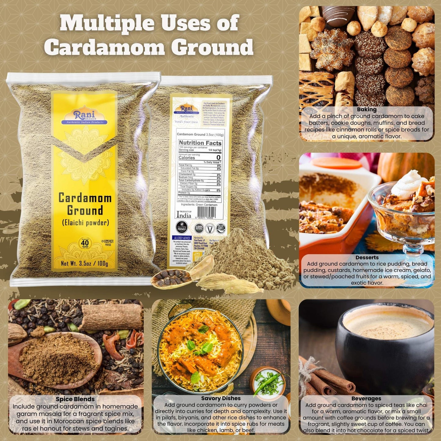 Rani Cardamom (Elachi) Ground, Powder Indian Spice 3.5oz (100g) ~ All Natural | No Color Added | Gluten Friendly | Vegan | NON-G