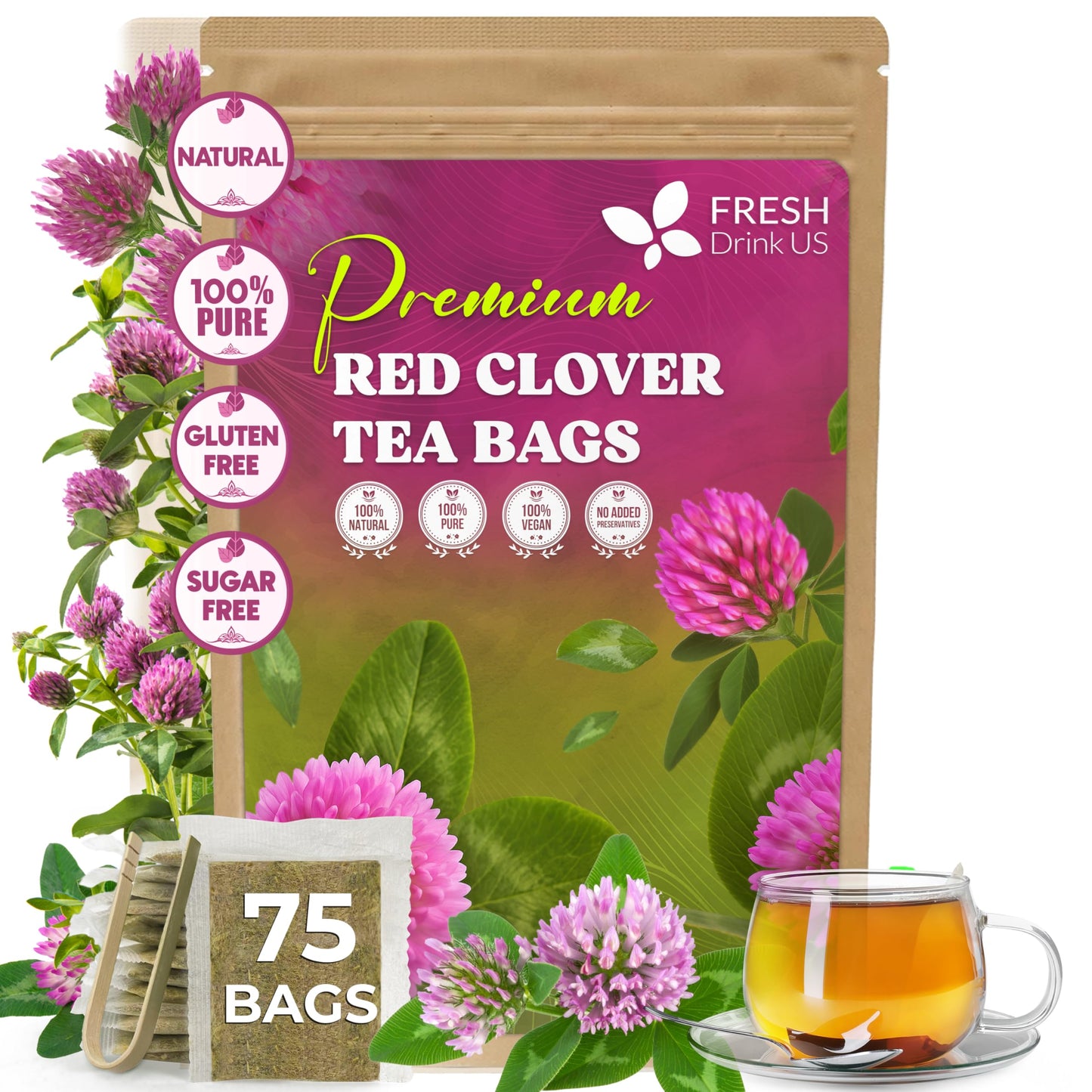 Freshdrinkus Top-Grade Red Clover Herbal Tea- 75 Tea Bags - Pure - Naturally Smooth & Mild Flavor - Top-Grade Quality Eco-Conscious Packaflavor Blendg. Energy Blend-Free. Gluten Free. Vegan