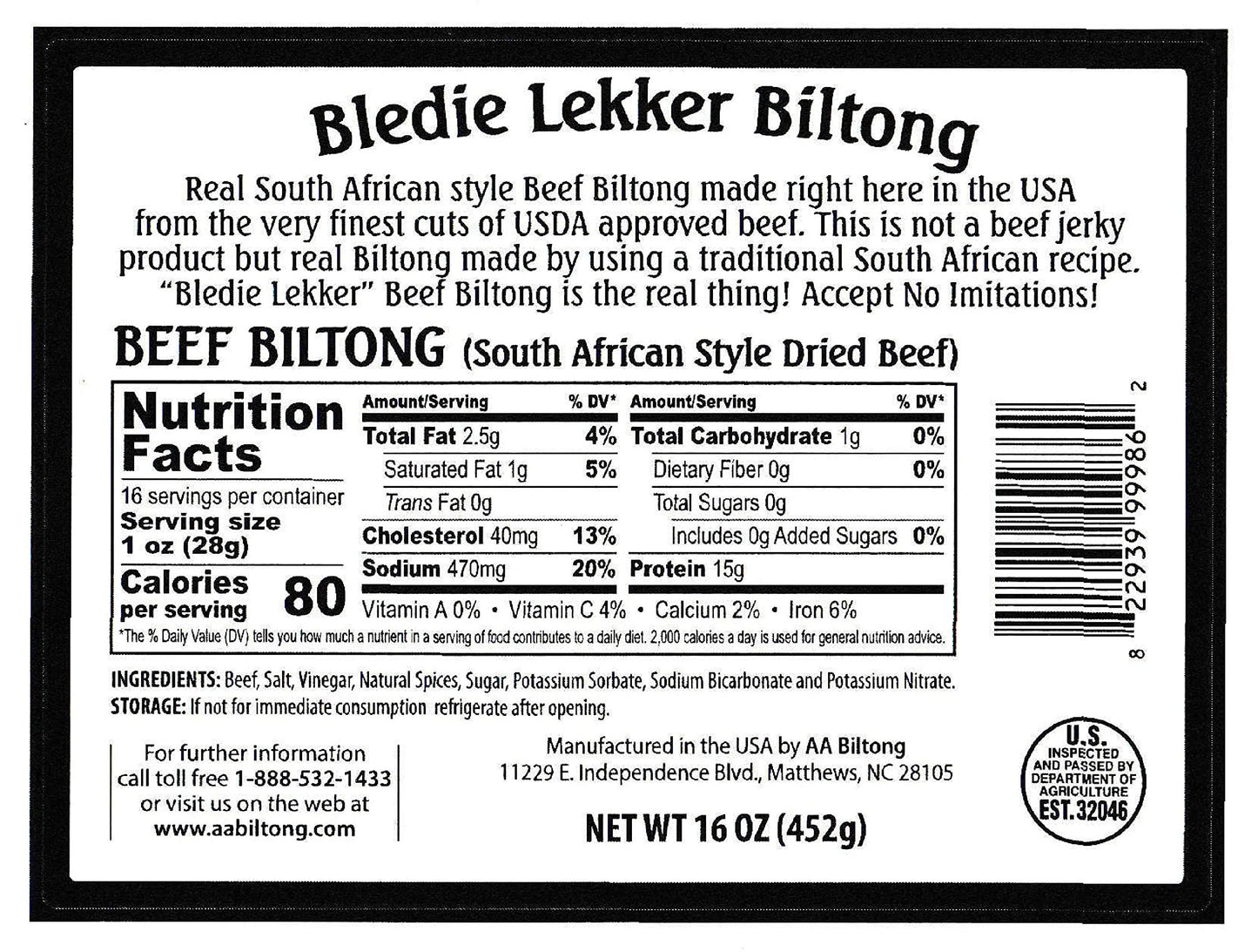 Bledie Lekker Sliced Beef Biltong One Pound Resealable Bag - 16Oz
