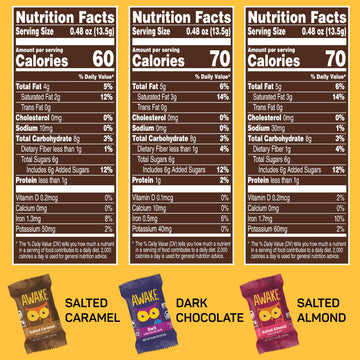 AWAKE - Caffeinated Chocolate Bites - Dark Chocolate Variety Pack (3 Flavors) 50 Bites - Dark Salted Almond & Salted Caramel - 50mg Caffeine - Coffee Alternative - Fairtrade Gluten Free - 0.48oz
