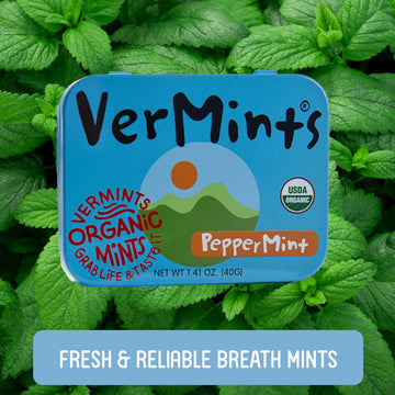 VerMints Organic Breath Mints PepperMint Candy Mints for Real Long-Lasting Flavor, Travel Size Tin - Non-GMO, Nut Free, Gluten F