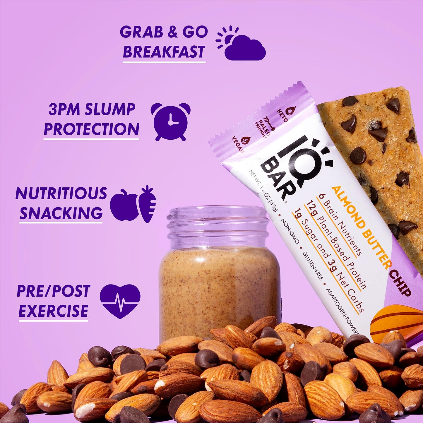 IQBAR Brain and Body Plant Protein Bars - Almond Butter Chip - 24-Count Low Carb - Gluten Free High Fiber Vegan Snacks - Low Sugar Meal Replacement