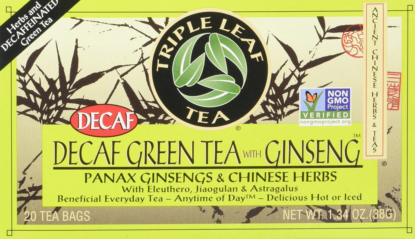 Triple Leaf Tea, Decaf Green Tea with Ginseng, 20 Tea Bags (Pack of 6)