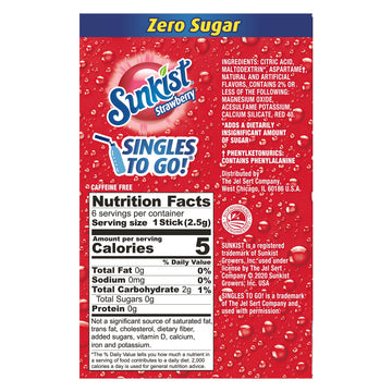 SINGLES TO GO! Sunkist Singles-To-Go Drink Mix Strawberry, Zero Sugar, Low-Calorie, 6 Pack, 1 Ounce Each