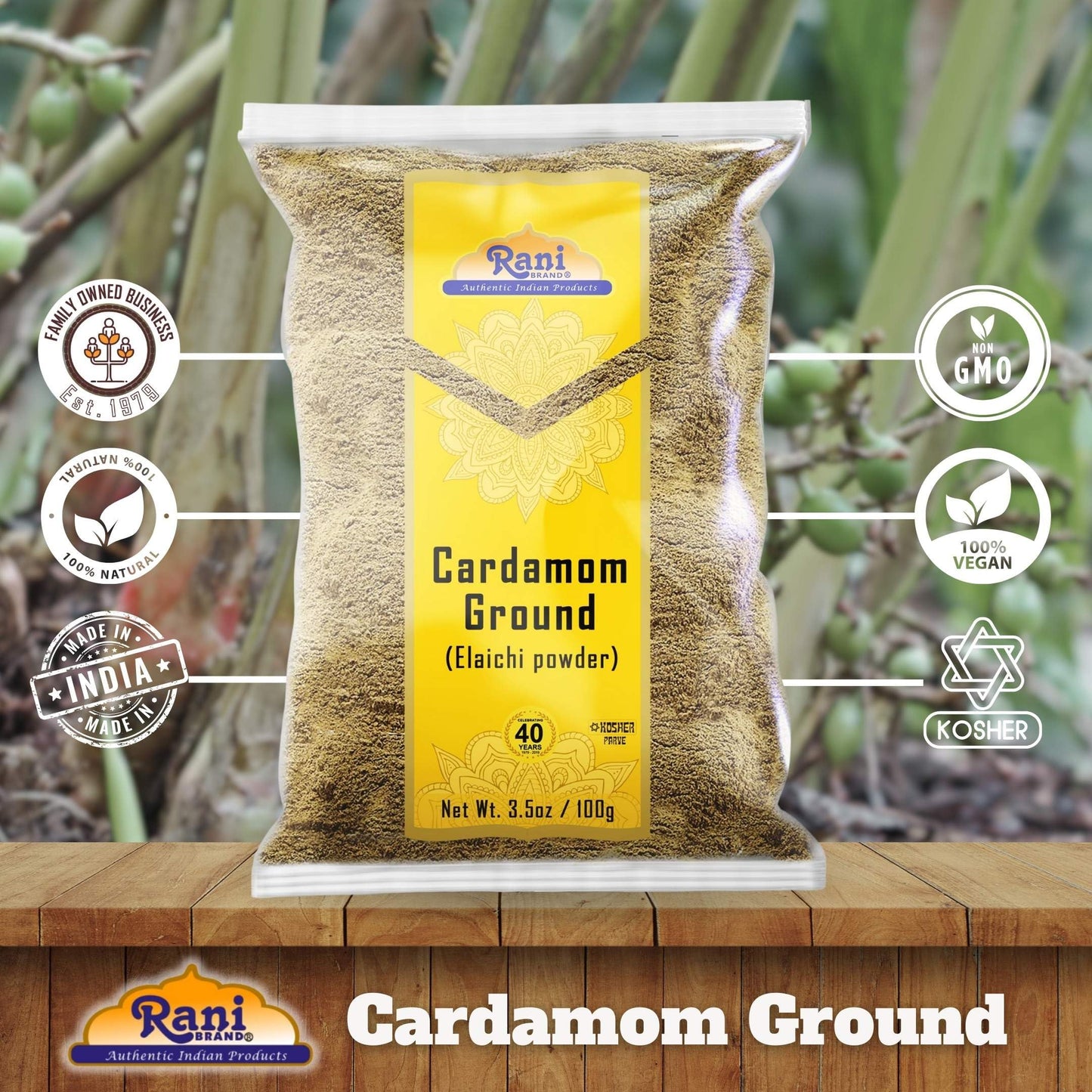 Rani Cardamom (Elachi) Ground, Powder Indian Spice 3.5oz (100g) ~ All Natural | No Color Added | Gluten Friendly | Vegan | NON-G