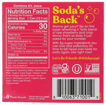 Poppi Strawberry Lemon Prebiotic Soda, 12 Fl Oz (Pack of 4), Model 0810063710019