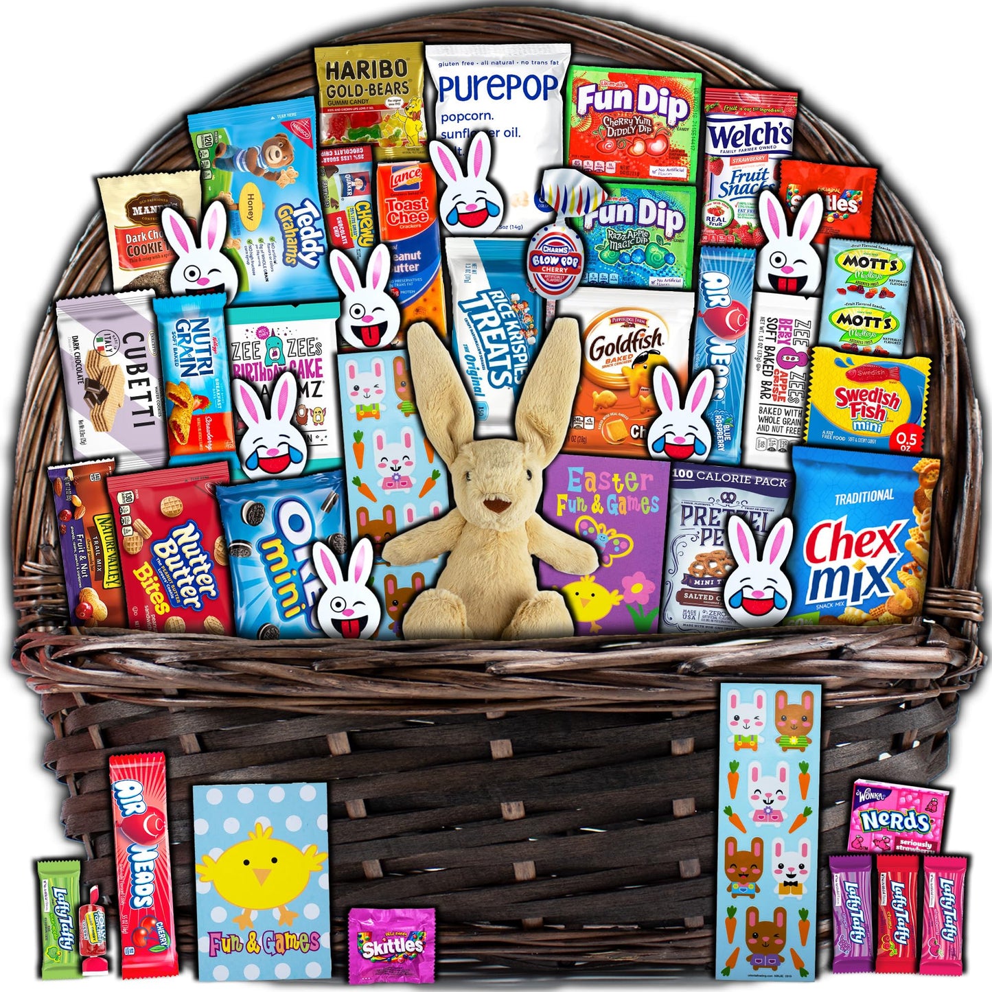 Easter Basket Gift (40Ct) - Already Filled Easter Gift Basket For Kids And 18+ Uses With Bunny Candy Snacks And Treats - Boys Girls Grandchildren Young Children Toddlers Men Women